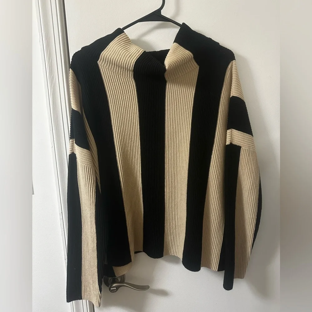 PLANET by Lauren G Striped Ribbed Mock Neck Sweater - 100% Pima Cotton - Picture 1 of 5